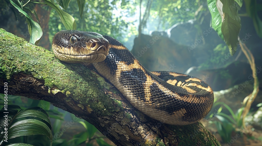 Photorealistic Tropical Rainforest with a Snake on a Branch Amidst Lush Greenery and Sunlight Filtering Through Leaves Photorealistic Tropical Rainforest with a Snake on a Branch Amidst Lush Greenery and Sunlight Filtering Through Leaves