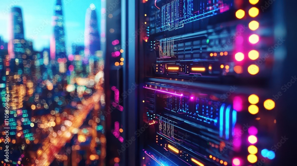Neon Data Center with City Skyline at Night Neon Data Center with City Skyline at Night