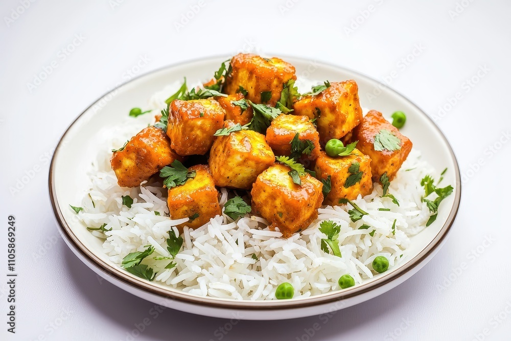 Delicious Paneer Cubes on Aromatic Basmati Rice with Green Peas Delicious Paneer Cubes on Aromatic Basmati Rice with Green Peas