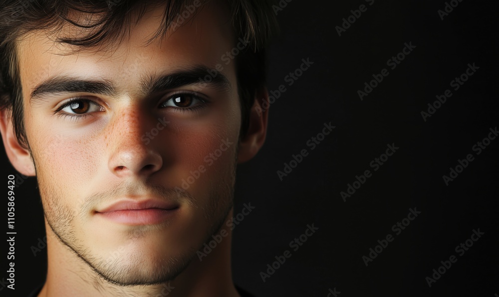 Portrait of young man with intense gaze, dark background, natural lighting, sharp features, subtle expression Portrait of young man with intense gaze, dark background, natural lighting, sharp features, subtle expression