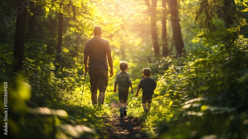 A Father and His Sons Embark on a Nature Walk, Capturing a Precious Moment in the Woods. A Family's Adventure Under the Warm Sunlight