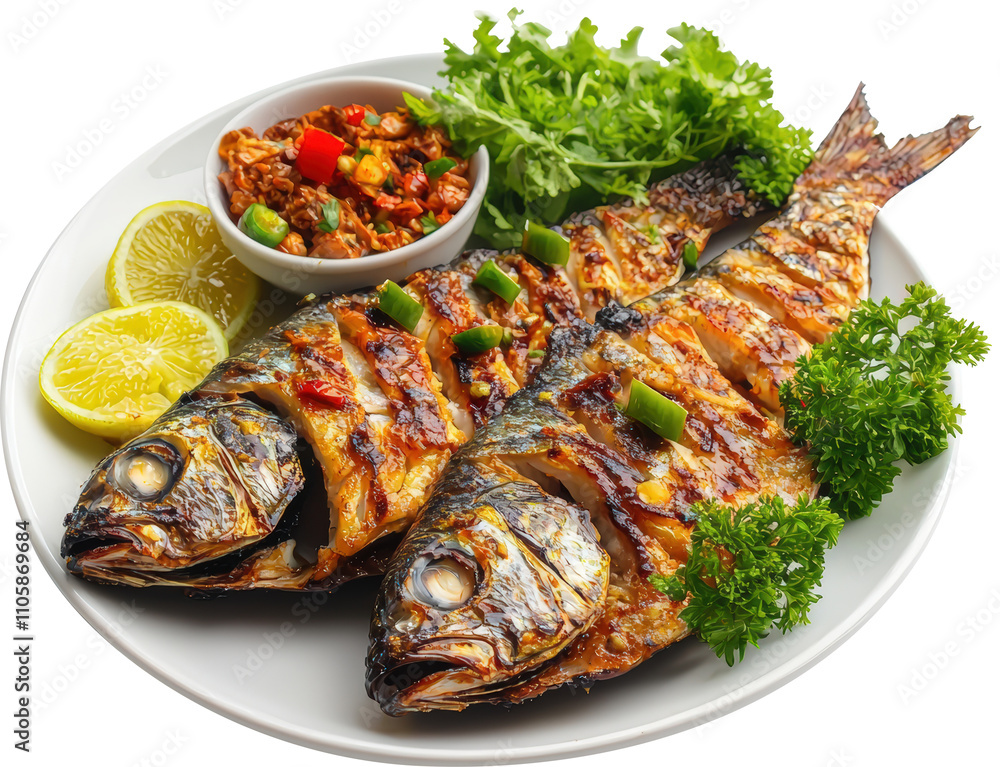 Grilled fish platter with garnishes and sauce Grilled fish platter with garnishes and sauce