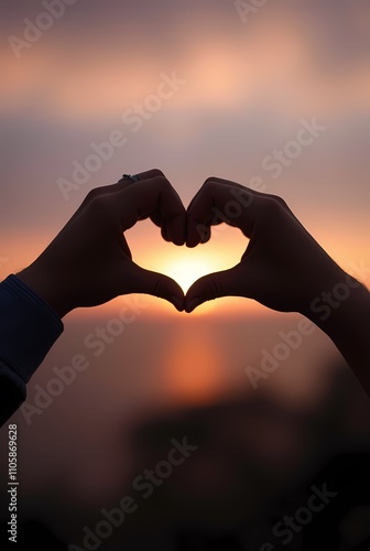 A photo sign created by human hands against a blurred sunset sky