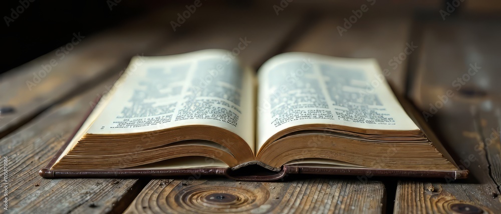Fototapeta premium Aged Wooden Table, Open Book, Vintage, Knowledge, Learning, History, Antique, Education, Wisdom, Study, Reading, Literature, Bookshelf, Classic, Literature, Pages, Open, Book, Reading, Knowledge