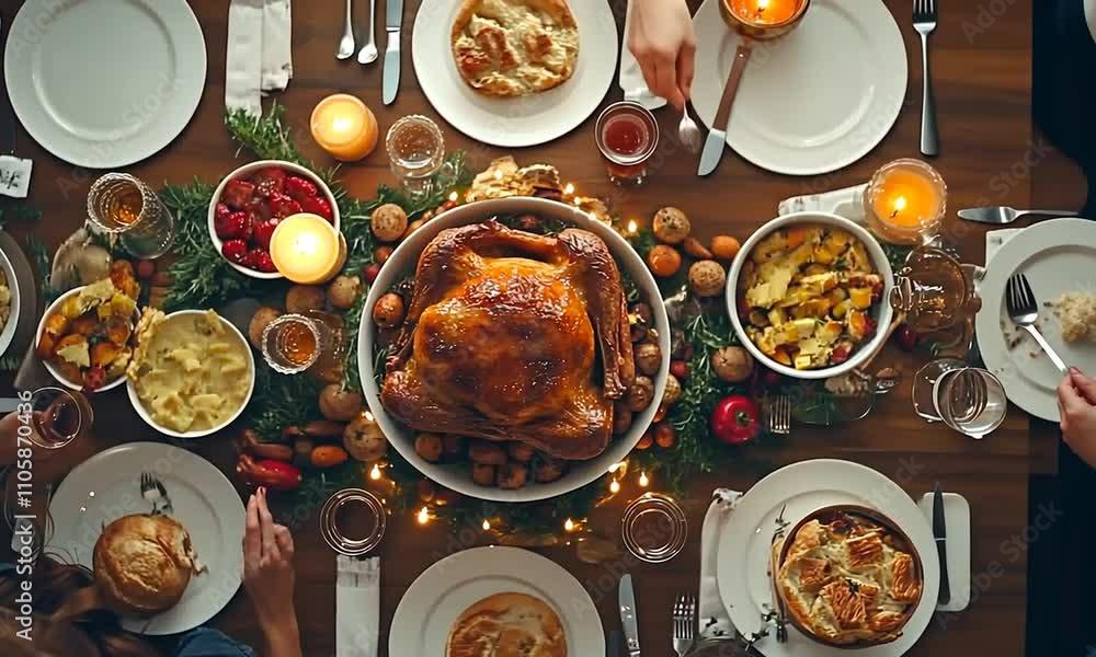 A festive dinner table with a roasted turkey and various side dishes, creating a warm gathering atmosphere.