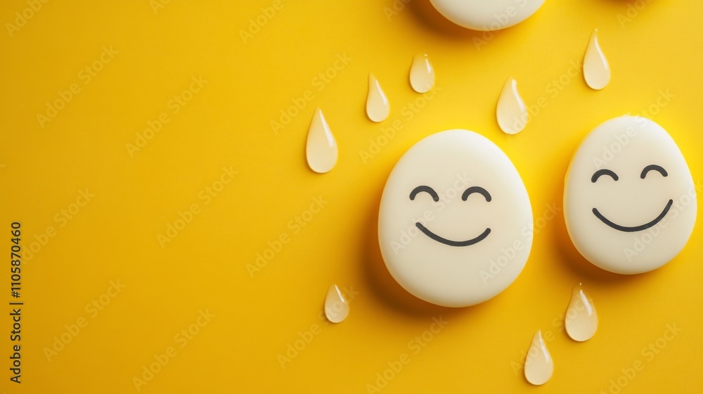 Fototapeta premium Emotion Faces on a Bright Yellow Background with Water Drops - A Whimsical and Joyful Design