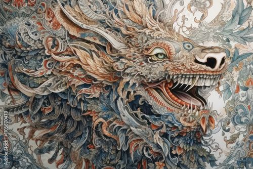 a masterfully executed drawing of a dragon in oriental style.  photo