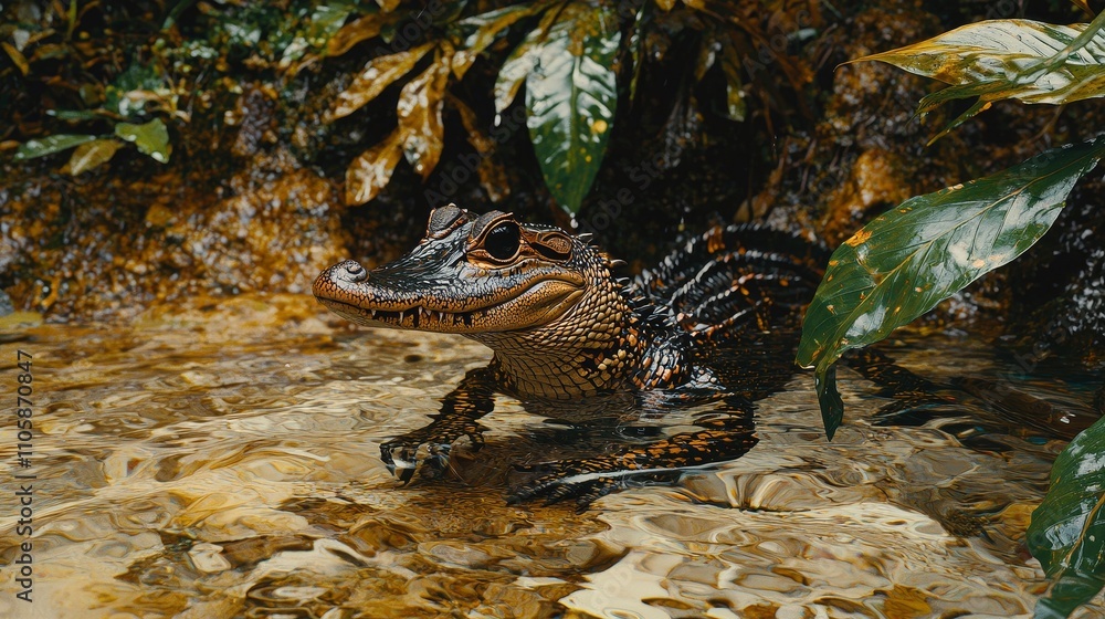 Photorealistic Tropical Scene Featuring Alligator Amidst Lush Greenery in Natural Habitat with Clear Water Reflection Photorealistic Tropical Scene Featuring Alligator Amidst Lush Greenery in Natural Habitat with Clear Water Reflection