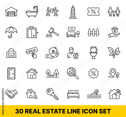 Real Estate thin line icons. Real estate symbols set. Home, House, Agent, Plan, Realtor icon. Real estate icons set. Vector illustration