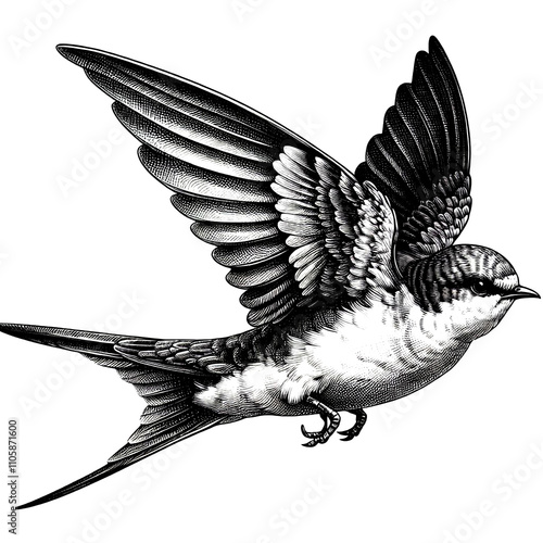 a swiftlet sketch engraving. White background. photo