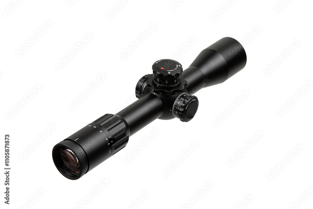 High-quality rifle scope with adjustment knobs, black matte finish, precision optics, ideal for hunting and shooting sports, isolated on a white back High-quality rifle scope with adjustment knobs, black matte finish, precision optics, ideal for hunting and shooting sports, isolated on a white back