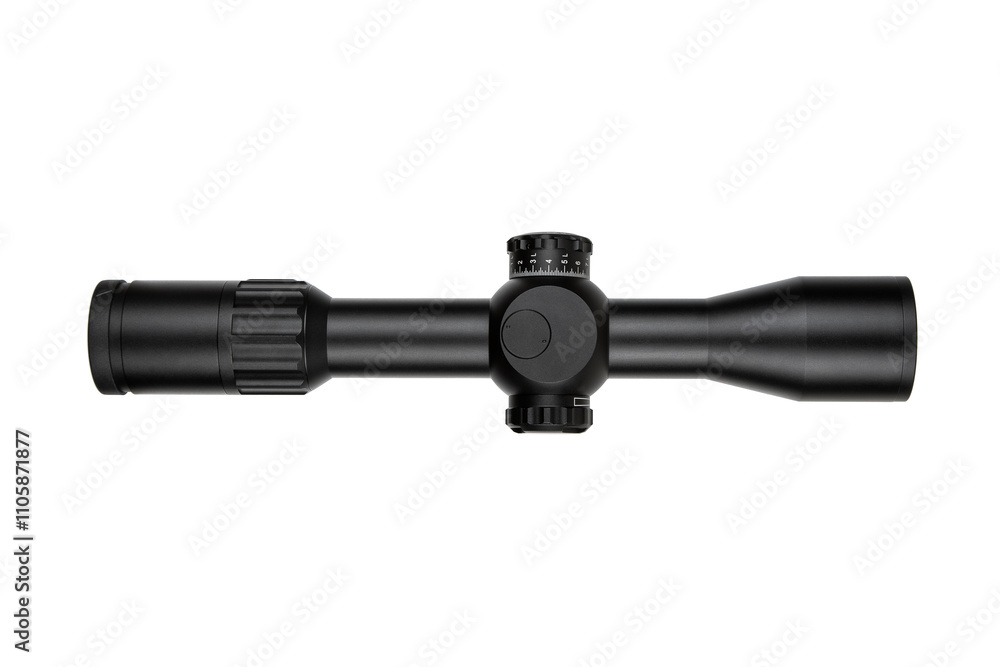 High-quality rifle scope with adjustment knobs, black matte finish, precision optics, ideal for hunting and shooting sports, isolated on a white back High-quality rifle scope with adjustment knobs, black matte finish, precision optics, ideal for hunting and shooting sports, isolated on a white back
