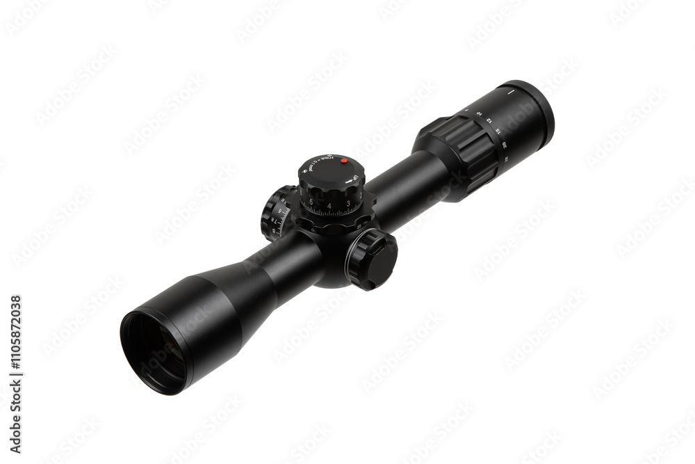 High-quality rifle scope with adjustment knobs, black matte finish, precision optics, ideal for hunting and shooting sports, isolated on a white back High-quality rifle scope with adjustment knobs, black matte finish, precision optics, ideal for hunting and shooting sports, isolated on a white back