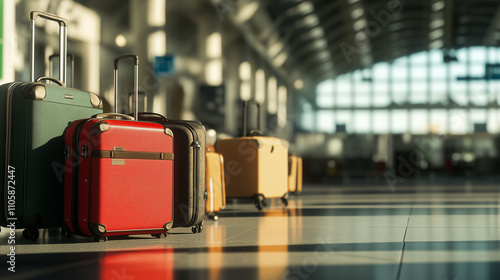 Photorealistic image of luggage bags at airport with blurry background