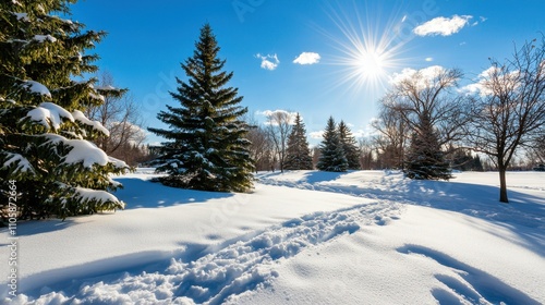 Snow-Covered Landscape with Pine Trees Under Bright Sunlight