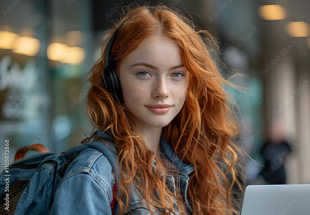 Young woman with red hair in a city Young woman with red hair in a city