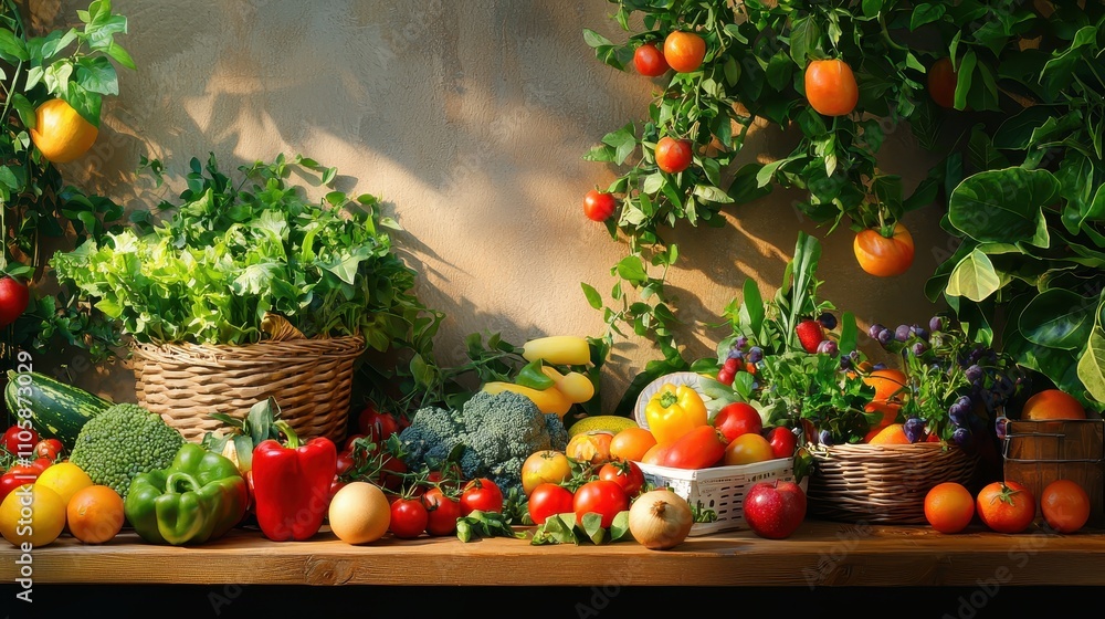 Fresh Produce Display with Colorful Vegetables and Fruits on Table Fresh Produce Display with Colorful Vegetables and Fruits on Table