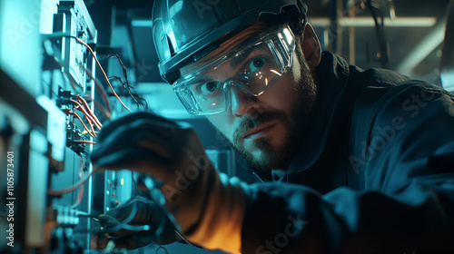 Professional electrician working on a power panel, wearing safety photo