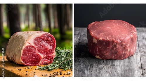 Beef and Butcher's Nature: A double exposure of a lush forest and a prime cut of grass-fed beef. The image should highlight the connection between nature and food. Double Exposure.[Beff]:[Butcher]  photo