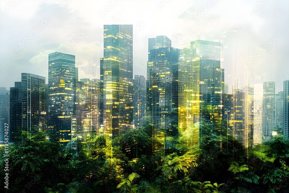 Double exposure of a city skyline seamlessly blended with a lush forest, creating a harmonious fusion between urban life and nature Double exposure of a city skyline seamlessly blended with a lush forest, creating a harmonious fusion between urban life and nature