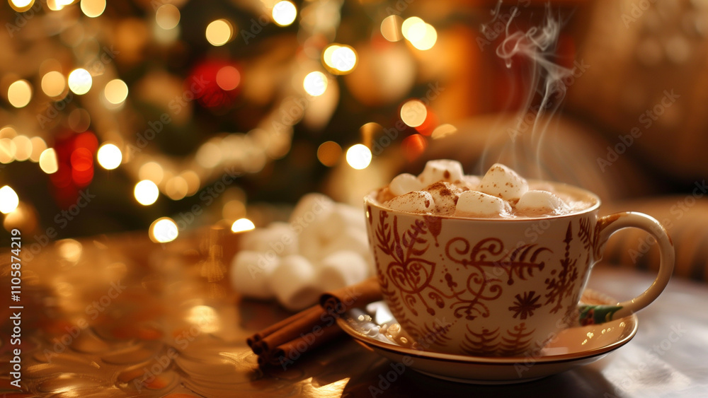 Obraz premium Mug of hot cocoa topped with marshmallows on table in front of decorated Christmas tree