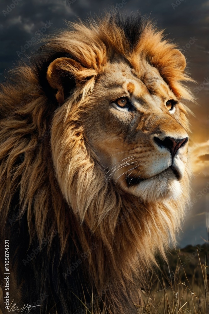 powerful lion in outdoors nature, symbolizing strength and majesty, thunderstorm with lightning in background powerful lion in outdoors nature, symbolizing strength and majesty, thunderstorm with lightning in background