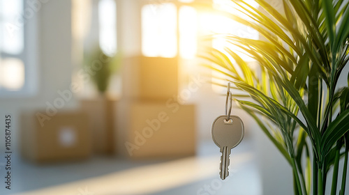 Wallpaper Mural Key on green plant and unpacking boxes in new home on moving day on background. Concept of mortgage, rent, real estate and home loan Torontodigital.ca