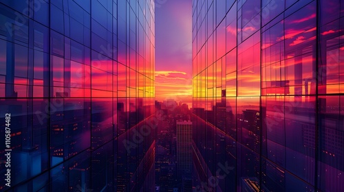 The photo showcases a sleek, glass-walled skyscraper reflecting the vivid colors of a city sunset, Photography, National Geographic Style, spectacular backdrops, vivid visuals, an awe-inspiring collec photo