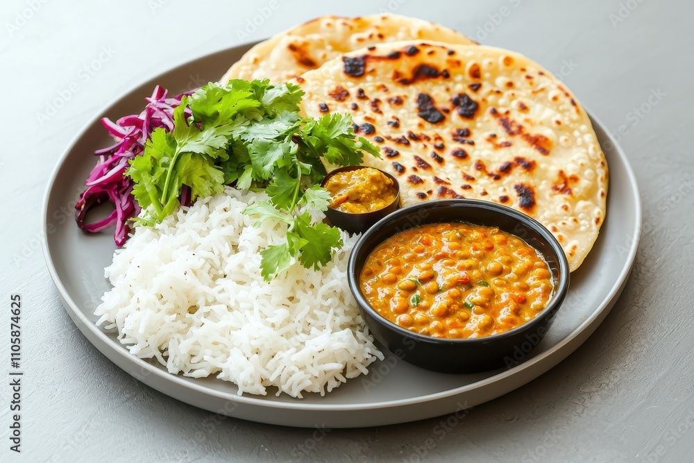 Delicious Indian Cuisine with Rice, Dal, Roti, and Fresh Herbs Delicious Indian Cuisine with Rice, Dal, Roti, and Fresh Herbs