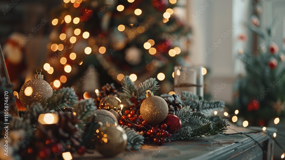 Festive Christmas scene with wreath of fir branches, golden ornaments, red berries and string of warm fairy lights Festive Christmas scene with wreath of fir branches, golden ornaments, red berries and string of warm fairy lights