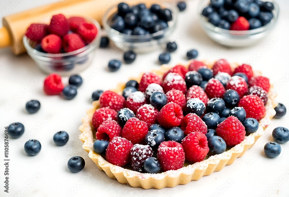 A Homemade Berry Tart With Fresh Fruit, Served on a Rustic Kitchen Table, Dessert Food Photography, Dessert Menu Style Photo Image A Homemade Berry Tart With Fresh Fruit, Served on a Rustic Kitchen Table, Dessert Food Photography, Dessert Menu Style Photo Image