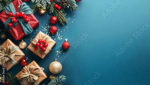 Festive Christmas with wrapped gifts, ornaments and evergreen branches on blue background, copy space