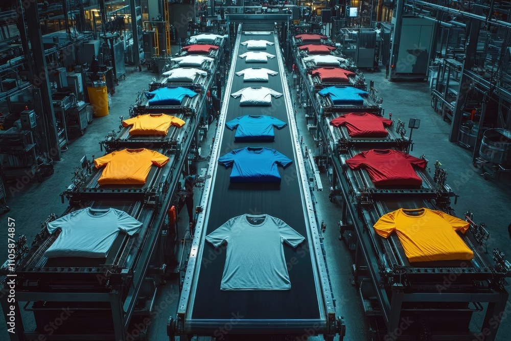 Overhead view of a bustling T-shirt screen printing facility, showcasing conveyor belts with shirts in various production stages, colorful ink pots, and modern equipment Overhead view of a bustling T-shirt screen printing facility, showcasing conveyor belts with shirts in various production stages, colorful ink pots, and modern equipment