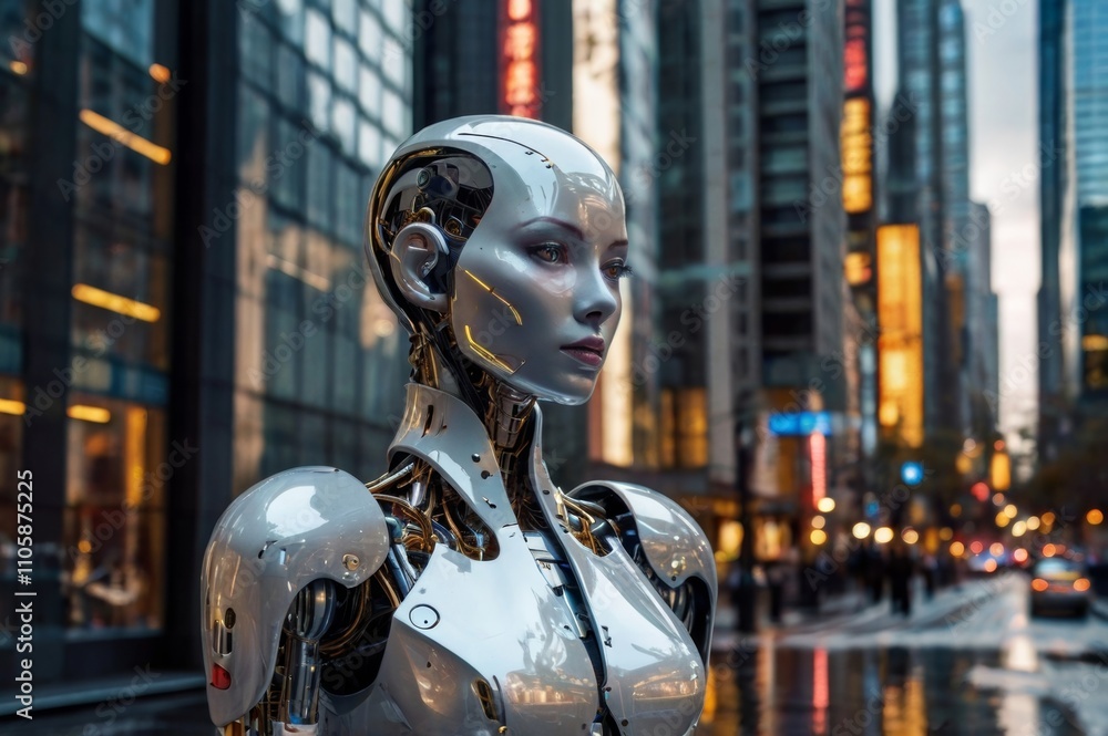 futuristic android woman in city street, metallic shining surface, cityscape background, robotics integration into everyday life futuristic android woman in city street, metallic shining surface, cityscape background, robotics integration into everyday life