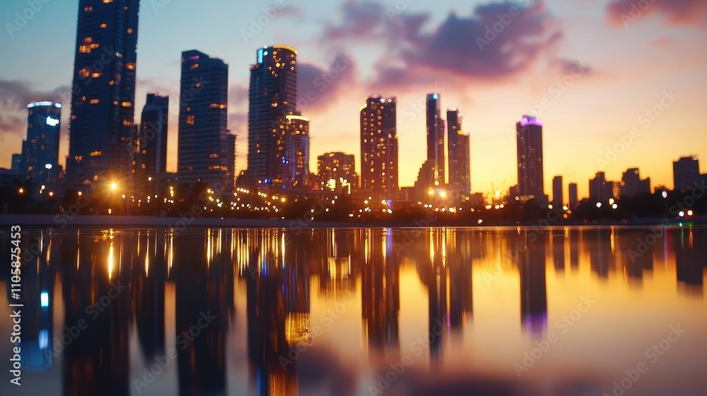 Fototapeta premium Vibrant Sunset Cityscape with Reflections in Calm Water Surface