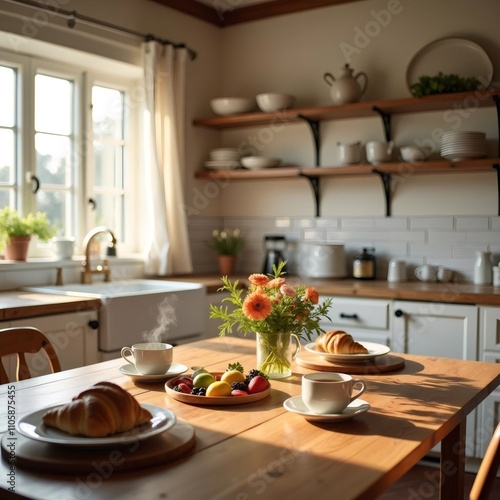 Wallpaper Mural Un desayuno perfecto en una cocina acogedora con croissants recién horneados, café caliente y frutas frescas en un entorno luminoso y natural
 Torontodigital.ca