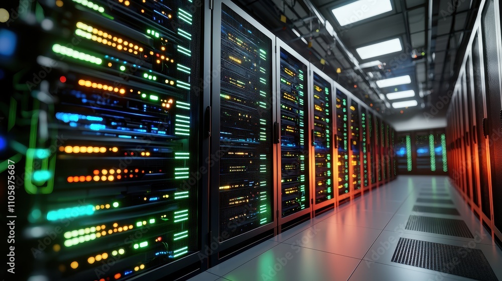 Modern Data Center with Colorful Lights and High-Tech Server Racks Modern Data Center with Colorful Lights and High-Tech Server Racks