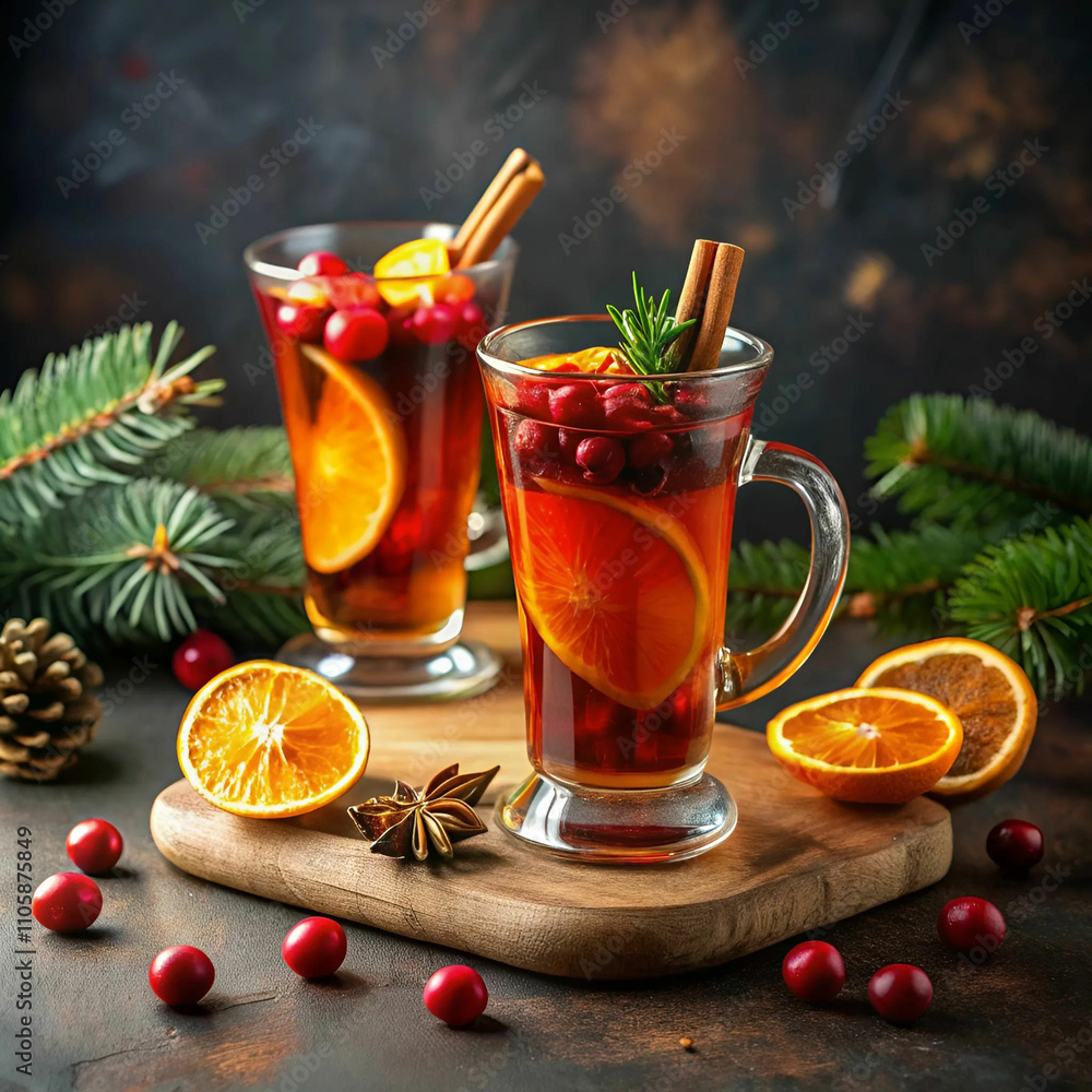 A glass of hot tea garnished with slices of orange and fresh cranberries, A glass of hot tea garnished with slices of orange and fresh cranberries,