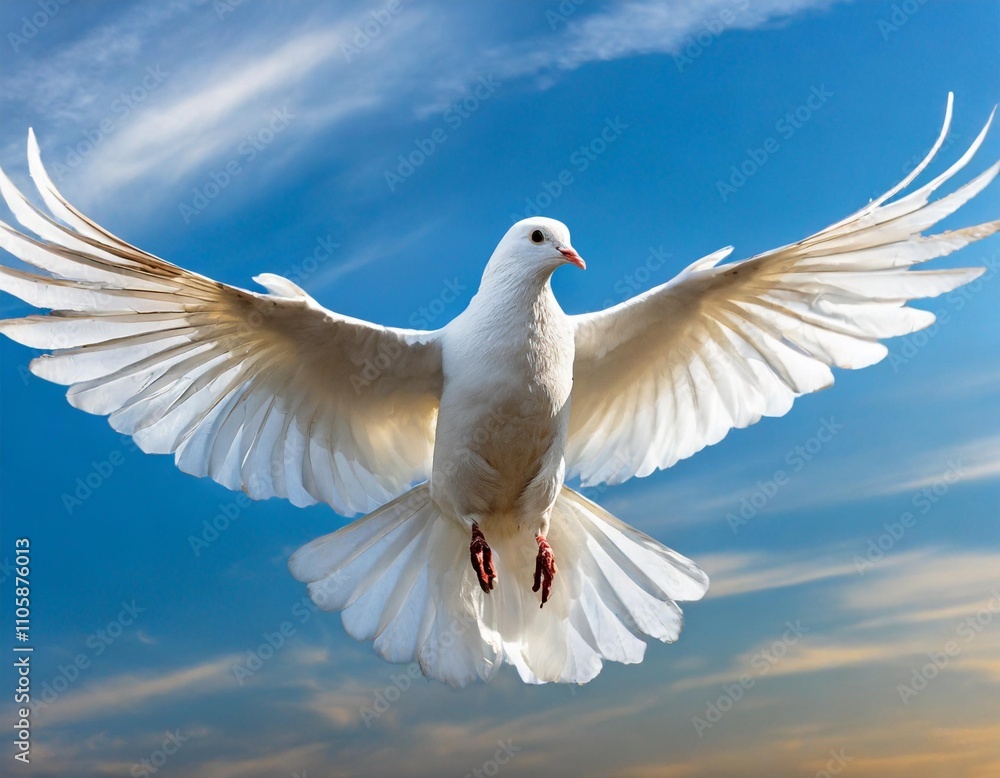 Obraz premium Flying White Dove Against Blue Sky as a Symbol of International Day of Peace