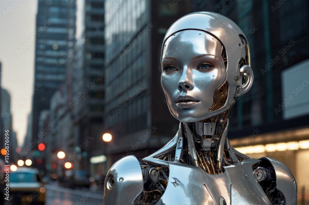 futuristic android woman in city street, metallic shining surface, cityscape background, robotics integration into everyday life futuristic android woman in city street, metallic shining surface, cityscape background, robotics integration into everyday life