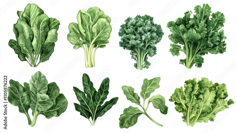 Collection of leafy greens, kale and spinach, transparent background Collection of leafy greens, kale and spinach, transparent background