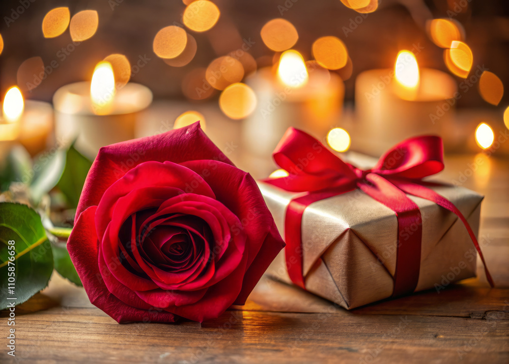 luxurious red rose with dew kissed petals lies beside beautifully wrapped gift, surrounded by warm candlelight and bokeh lights, creating romantic atmosphere luxurious red rose with dew kissed petals lies beside beautifully wrapped gift, surrounded by warm candlelight and bokeh lights, creating romantic atmosphere
