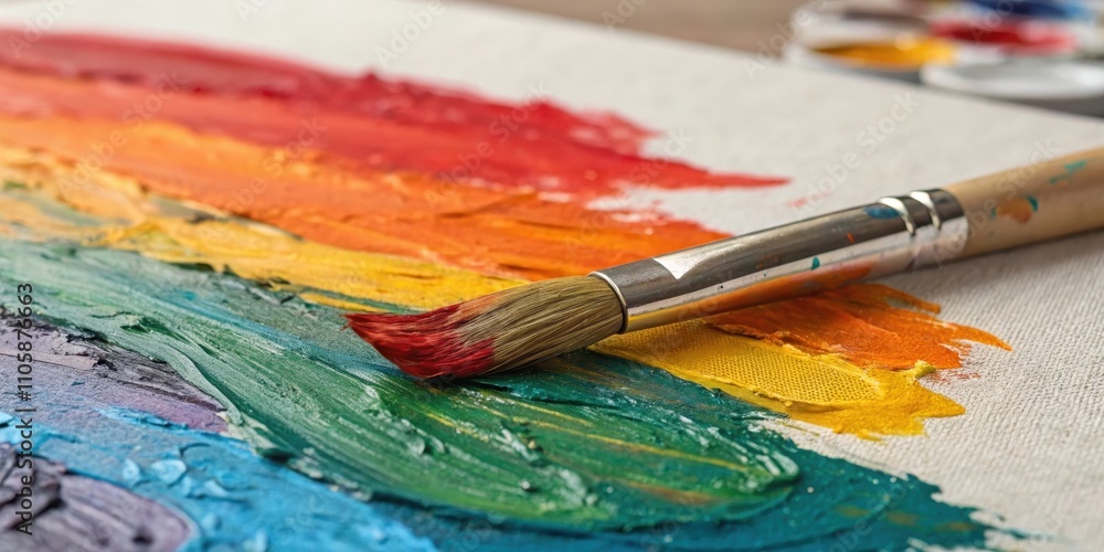 A paintbrush rests on a canvas displaying vibrant, richly textured strokes of rainbow hues A paintbrush rests on a canvas displaying vibrant, richly textured strokes of rainbow hues