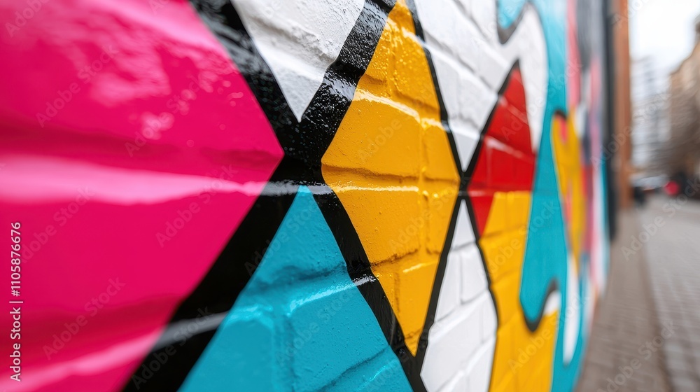 Fototapeta premium Colorful Urban Mural on Brick Wall with Abstract Design Elements