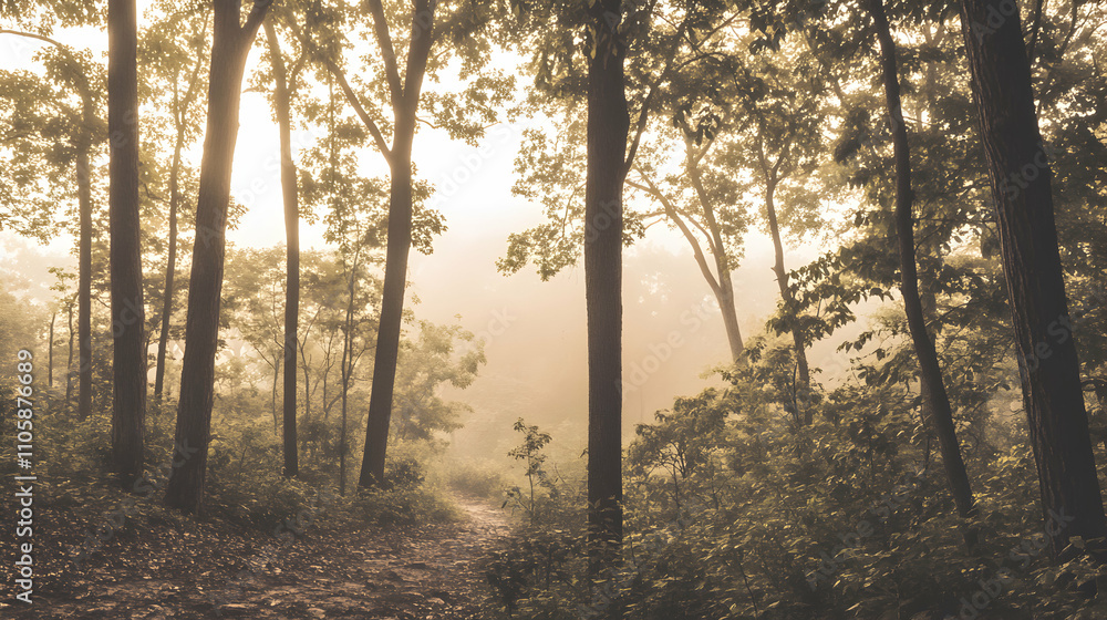 Serene sunrise illuminating a misty forest path, sunbeams filtering through lush green canopy, tranquil woodland trail. Serene sunrise illuminating a misty forest path, sunbeams filtering through lush green canopy, tranquil woodland trail.