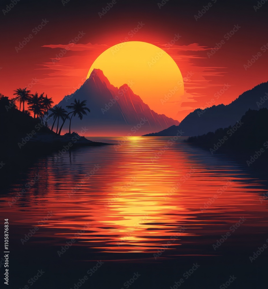 Naklejka premium Here's a and keyword list for your image.. Vibrant sunset over tropical island, reflecting on calm water.