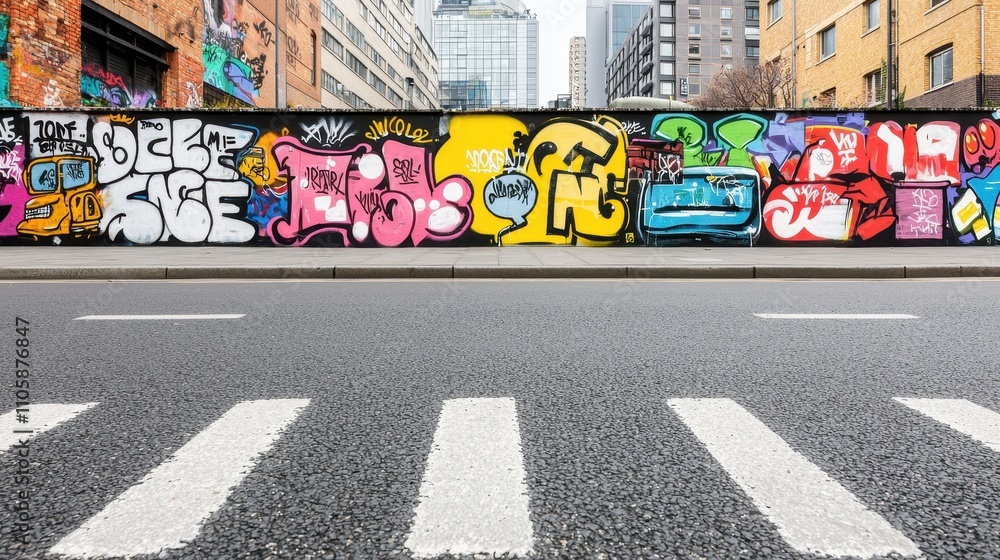 Obraz premium Vibrant Urban Street Art on City Wall with Road Crossing Lines