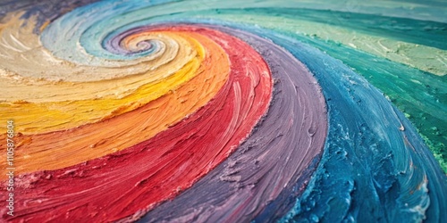 A vibrant, swirling spectrum of impasto paint in a rainbow spiral design photo