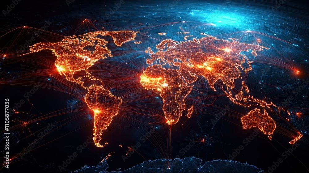 Digital World Map with Illuminated Connections and Data Flow Digital World Map with Illuminated Connections and Data Flow