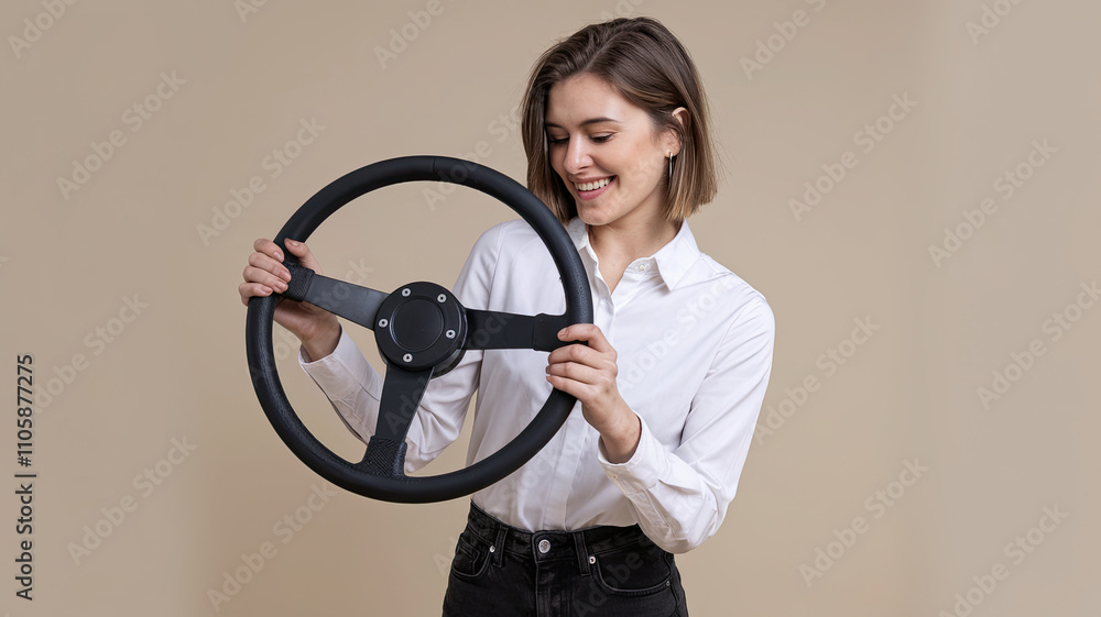 Smiling young woman holding a black steering wheel with both hands, showcasing joy and creativity against a neutral beige background, ideal for themes of freedom, driving, lifestyle, playful, artistic Smiling young woman holding a black steering wheel with both hands, showcasing joy and creativity against a neutral beige background, ideal for themes of freedom, driving, lifestyle, playful, artistic